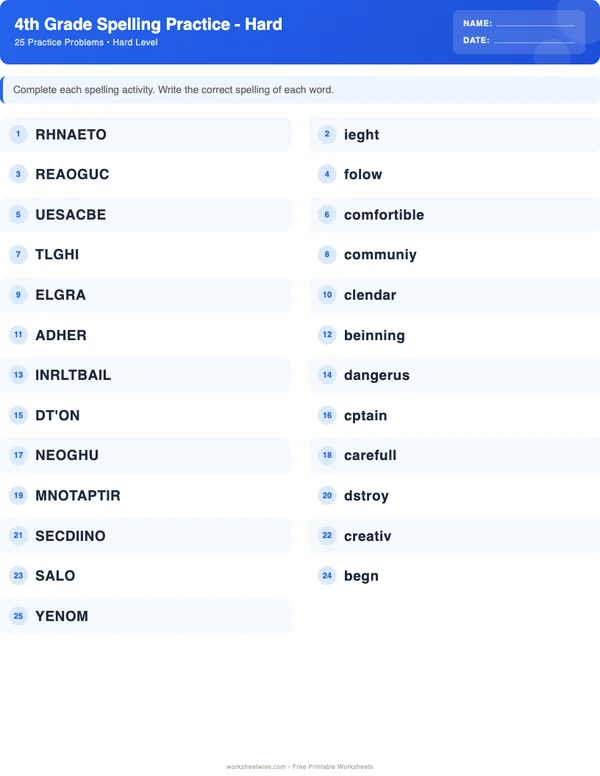 4th Grade Spelling Words Worksheets - Standard Theme (Hard)