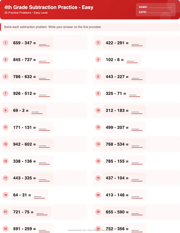 4th Grade Subtraction Worksheets - Christmas Theme (Easy)