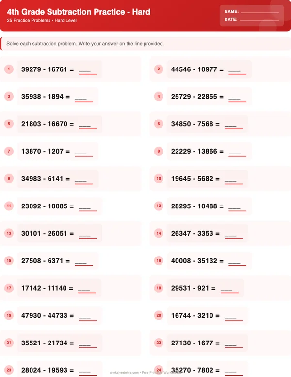 4th Grade Subtraction Worksheets - Christmas Theme (Hard)