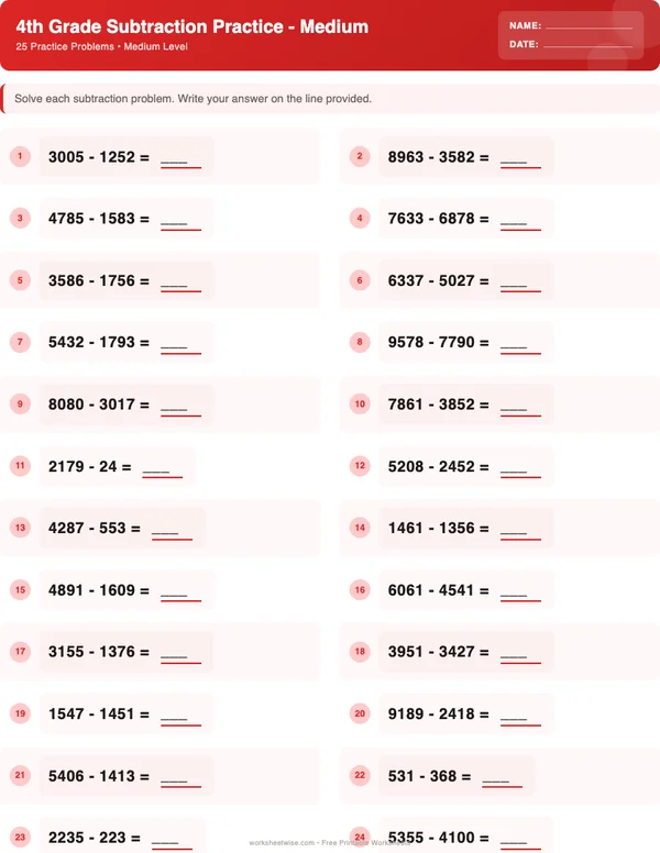 4th Grade Subtraction Worksheets - Christmas Theme (Medium)