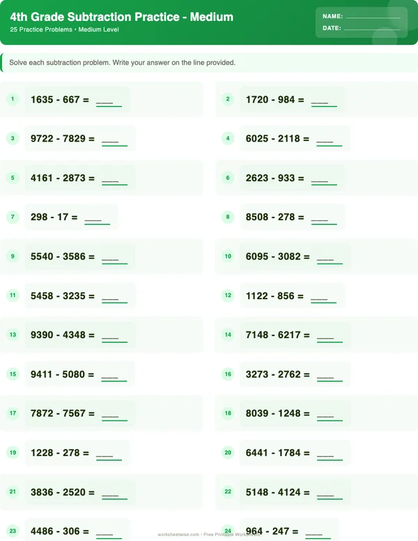 4th Grade Subtraction Worksheets - Dinosaur Theme (Medium)