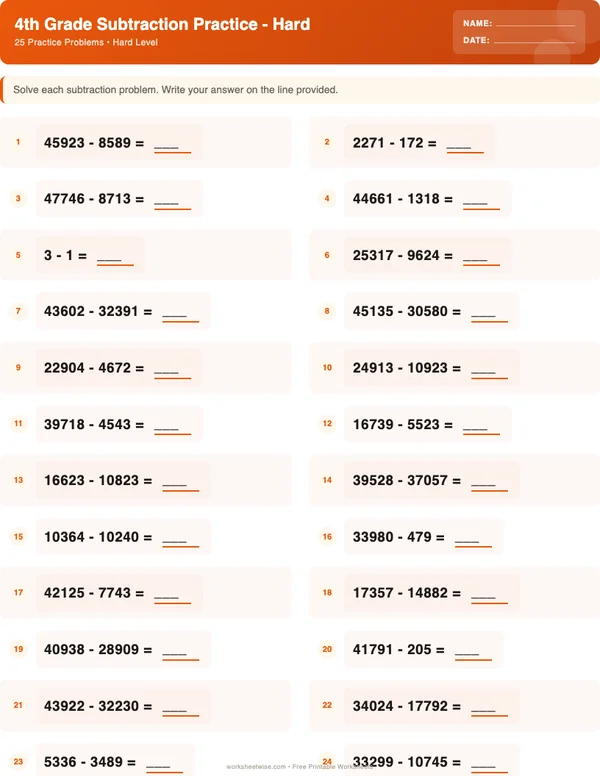 4th Grade Subtraction Worksheets - Halloween Theme (Hard)