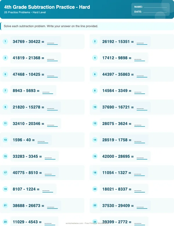 4th Grade Subtraction Worksheets - Ocean Theme (Hard)