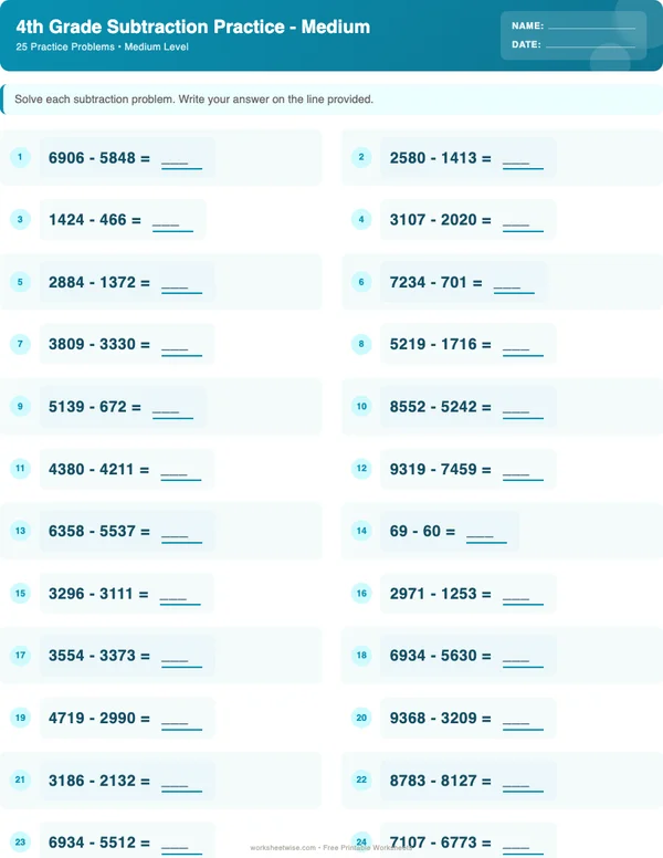 4th Grade Subtraction Worksheets - Ocean Theme (Medium)