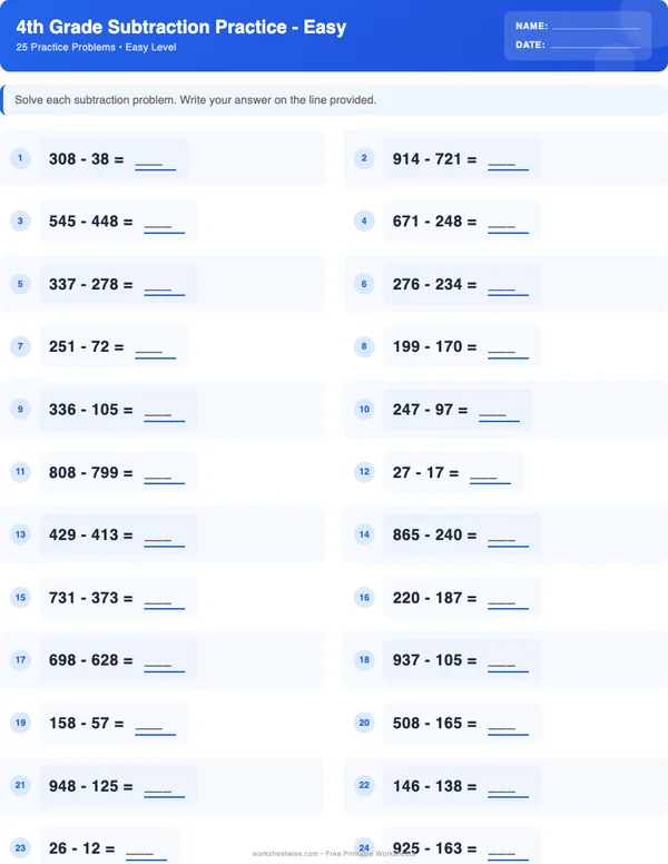 4th Grade Subtraction Worksheets - Standard Theme (Easy)