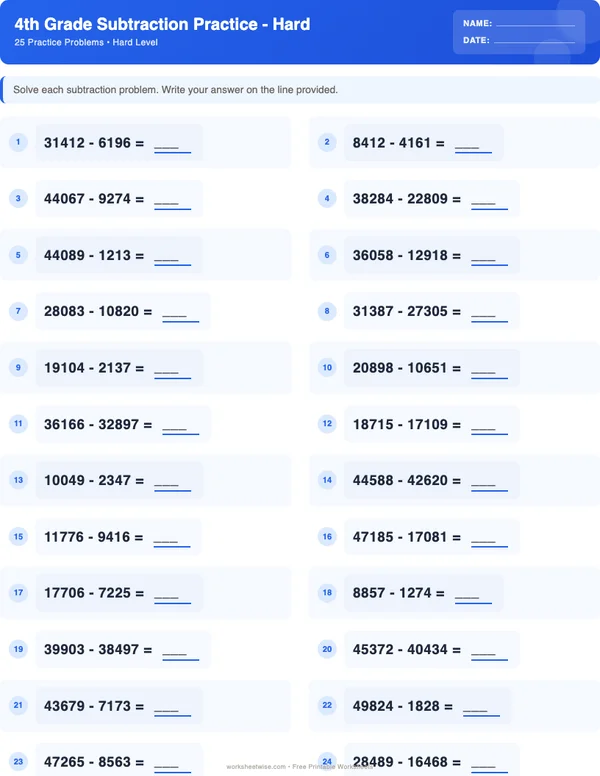 4th Grade Subtraction Worksheets - Standard Theme (Hard)