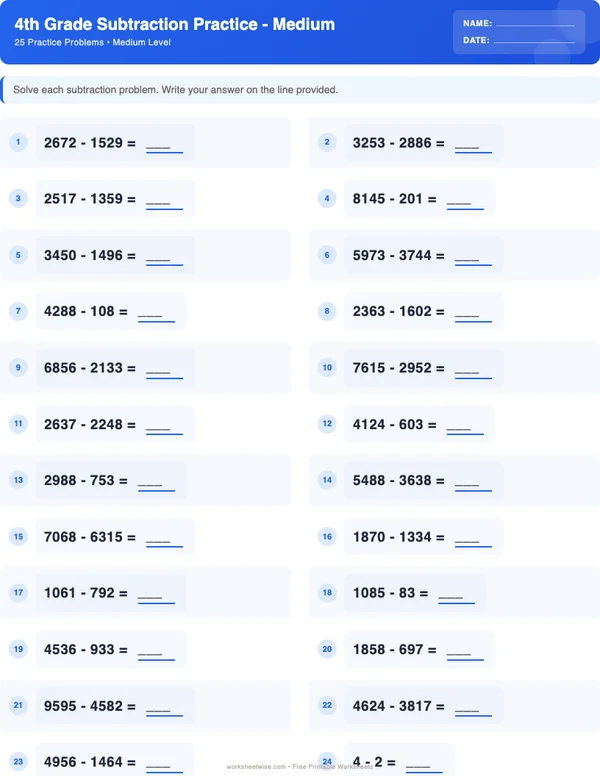 4th Grade Subtraction Worksheets - Standard Theme (Medium)