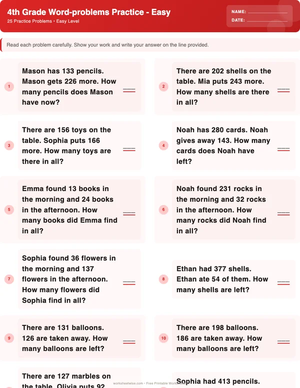 4th Grade Word Problems Worksheets - Christmas Theme (Easy)