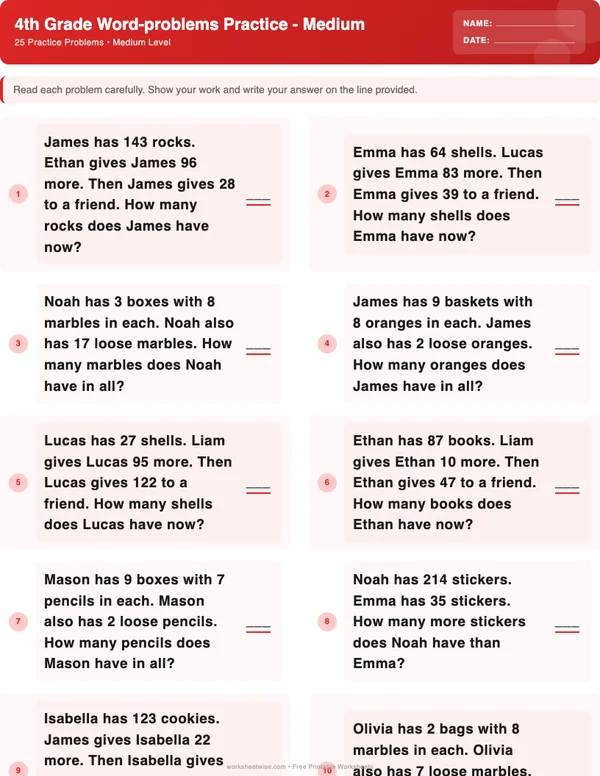 4th Grade Word Problems Worksheets - Christmas Theme (Medium)