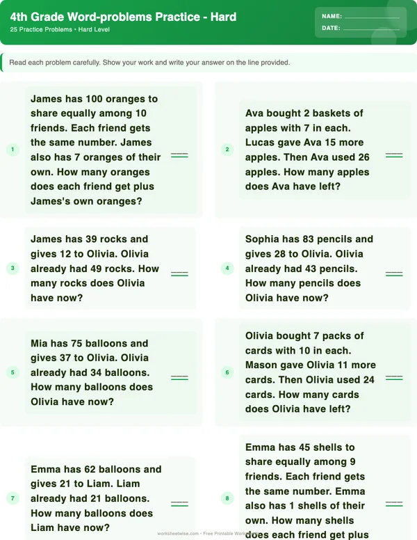 4th Grade Word Problems Worksheets - Dinosaur Theme (Hard)