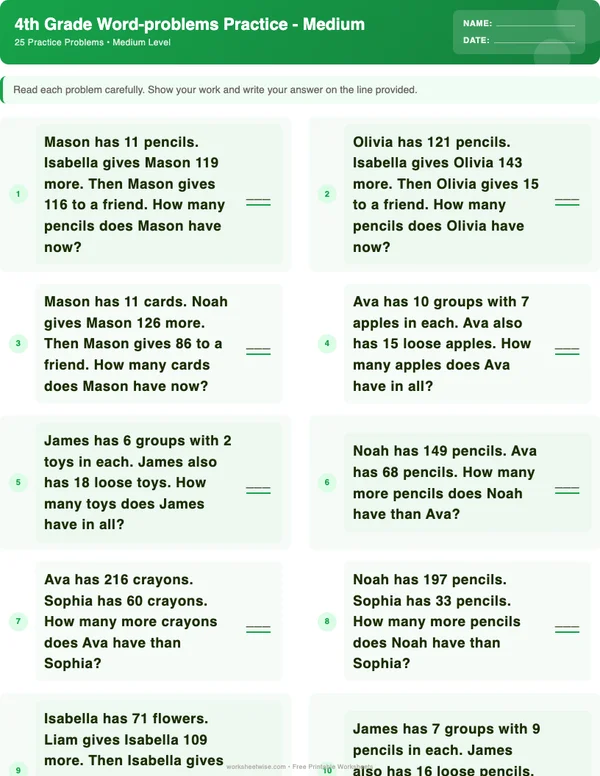 4th Grade Word Problems Worksheets - Dinosaur Theme (Medium)