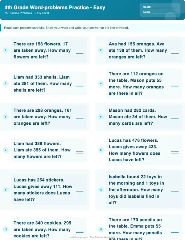 4th Grade Word Problems Worksheets - Ocean Theme (Easy)