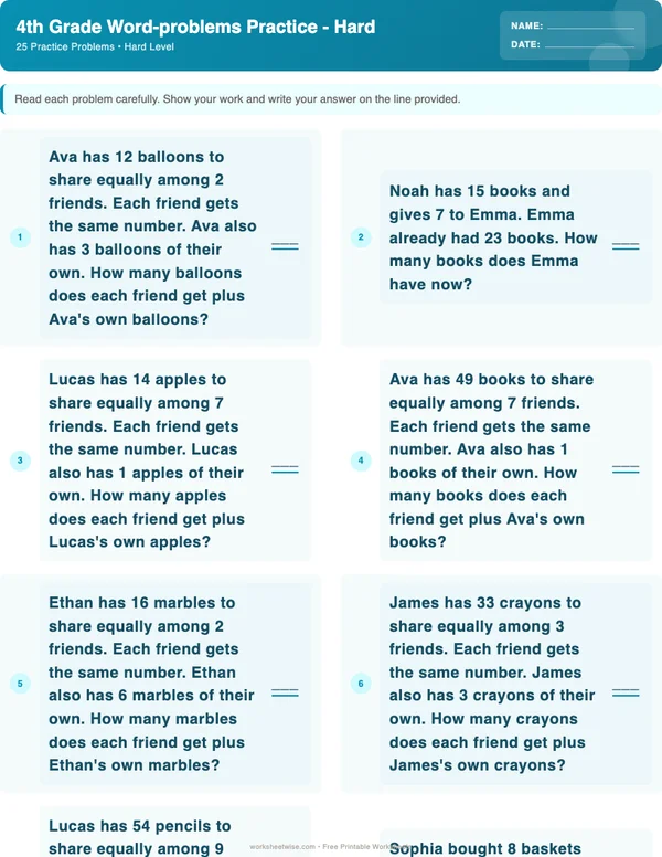 4th Grade Word Problems Worksheets - Ocean Theme (Hard)