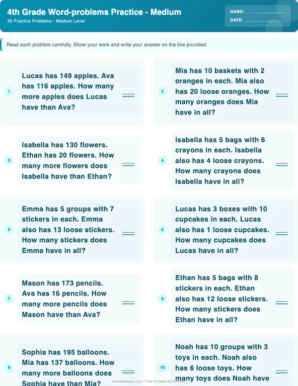 4th Grade Word Problems Worksheets - Ocean Theme (Medium)