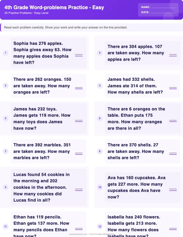 4th Grade Word Problems Worksheets - Space Theme (Easy)