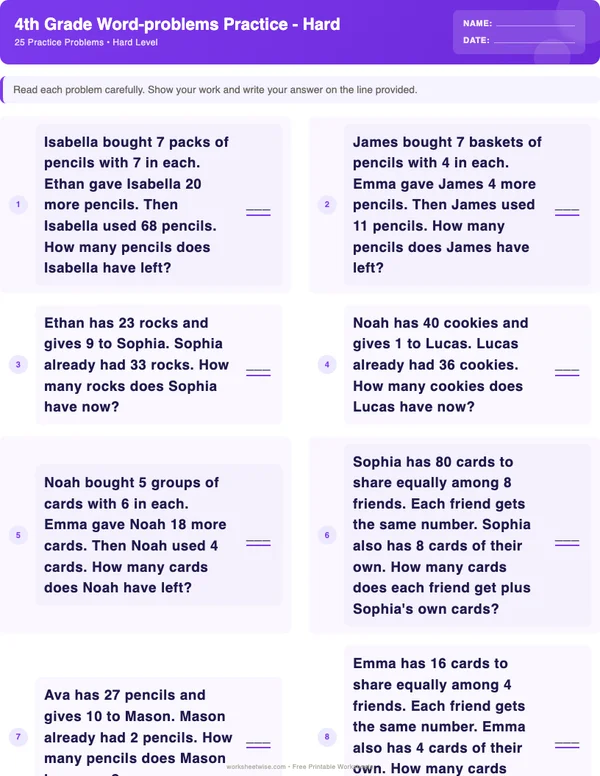 4th Grade Word Problems Worksheets - Space Theme (Hard)