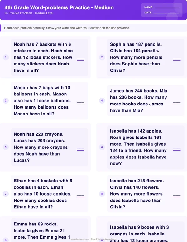 4th Grade Word Problems Worksheets - Space Theme (Medium)