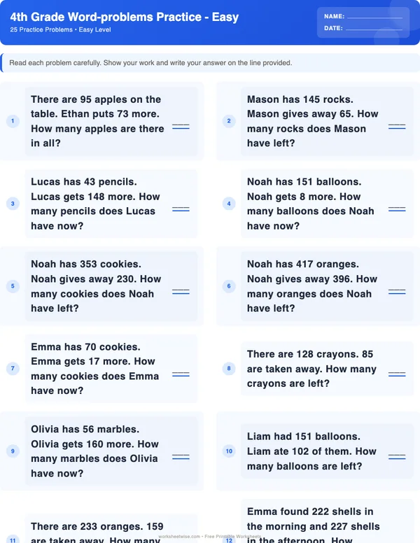 4th Grade Word Problems Worksheets - Standard Theme (Easy)