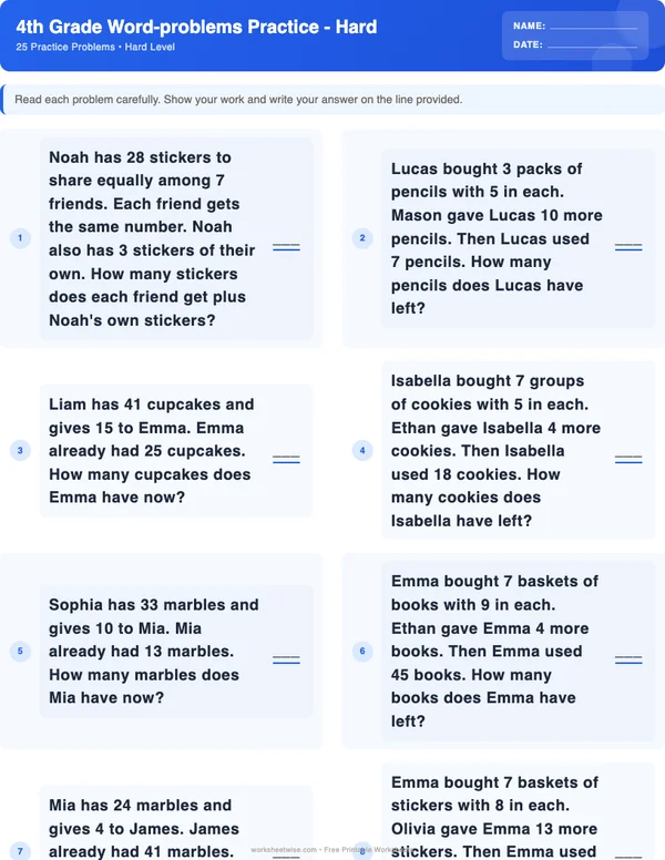 4th Grade Word Problems Worksheets - Standard Theme (Hard)