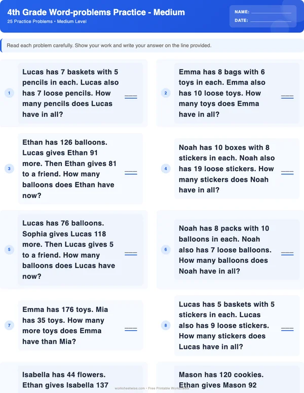 4th Grade Word Problems Worksheets - Standard Theme (Medium)