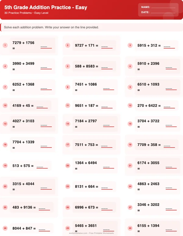 5th Grade Addition Worksheets - Christmas Theme (Easy)