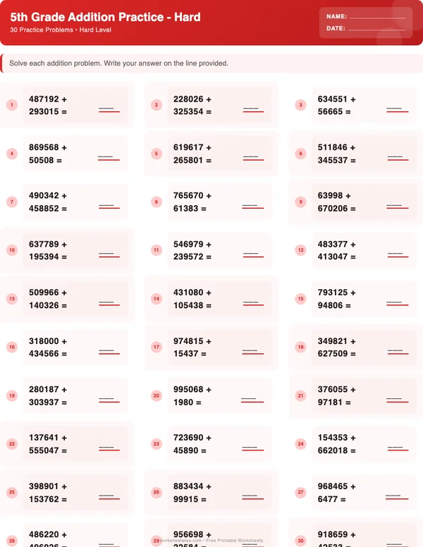 5th Grade Addition Worksheets - Christmas Theme (Hard)