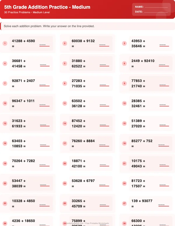 5th Grade Addition Worksheets - Christmas Theme (Medium)