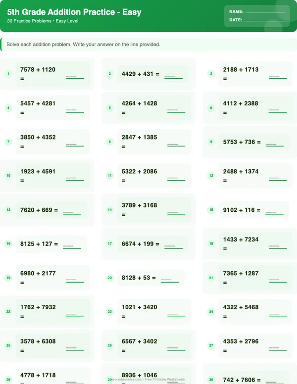 5th Grade Addition Worksheets - Dinosaur Theme (Easy)