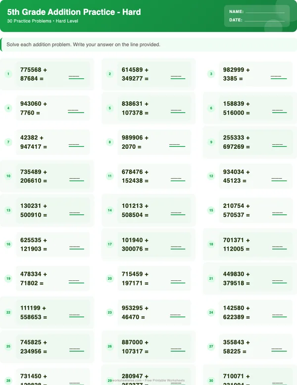 5th Grade Addition Worksheets - Dinosaur Theme (Hard)