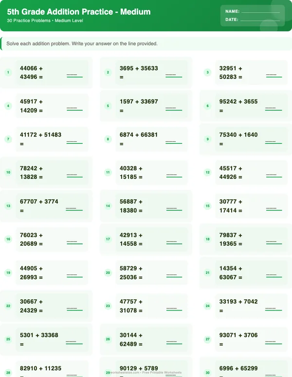 5th Grade Addition Worksheets - Dinosaur Theme (Medium)