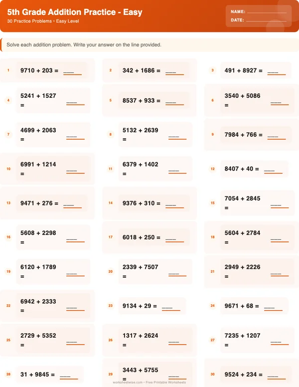5th Grade Addition Worksheets - Halloween Theme (Easy)