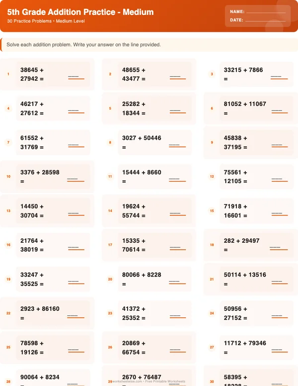 5th Grade Addition Worksheets - Halloween Theme (Medium)