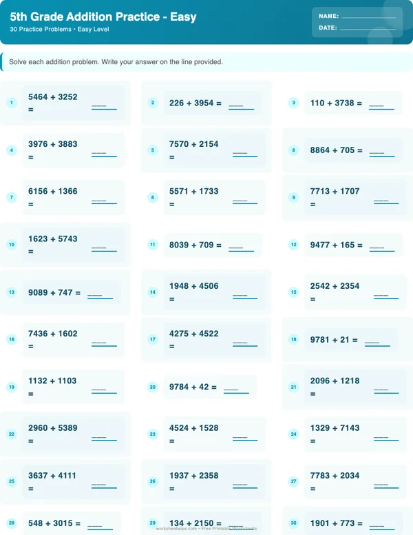 5th Grade Addition Worksheets - Ocean Theme (Easy)