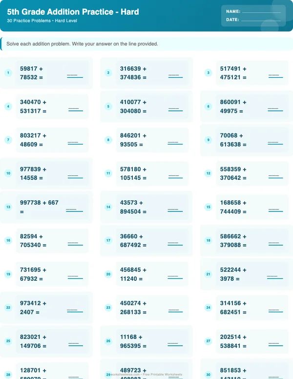 5th Grade Addition Worksheets - Ocean Theme (Hard)