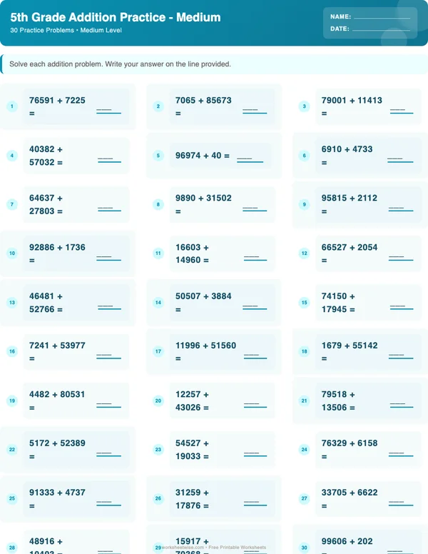 5th Grade Addition Worksheets - Ocean Theme (Medium)