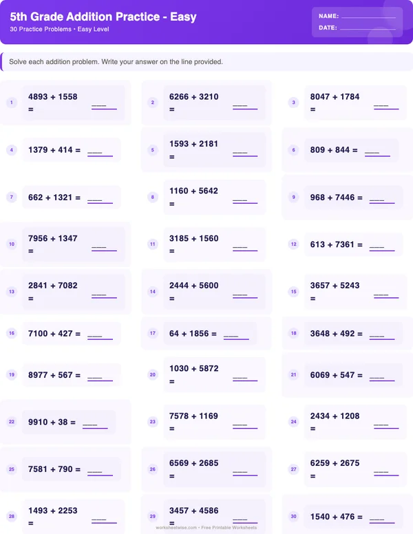 5th Grade Addition Worksheets - Space Theme (Easy)