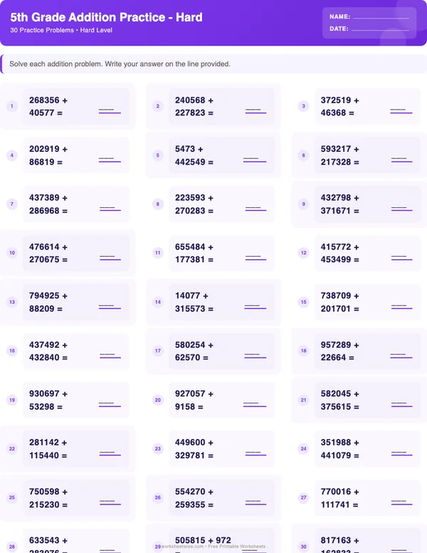 5th Grade Addition Worksheets - Space Theme (Hard)