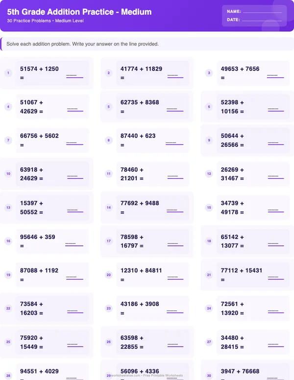5th Grade Addition Worksheets - Space Theme (Medium)