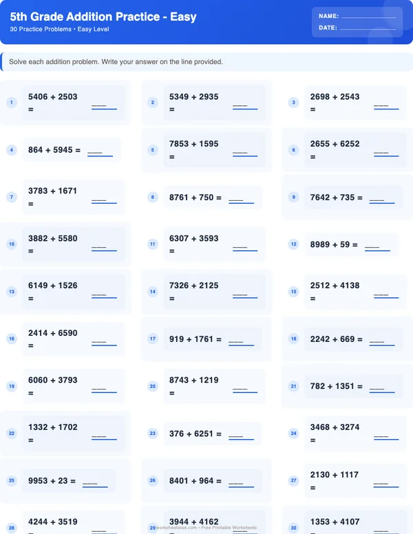 5th Grade Addition Worksheets - Standard Theme (Easy)