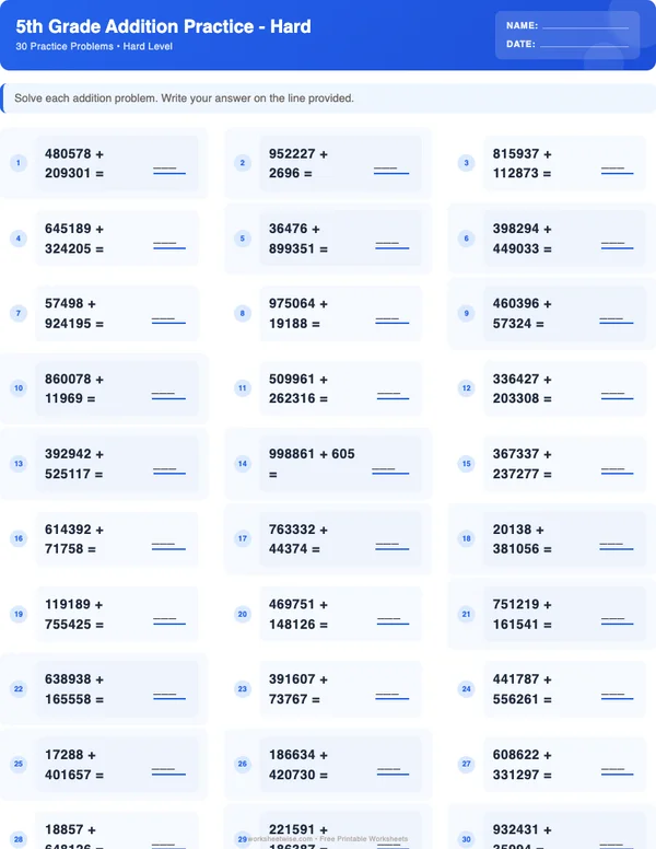 5th Grade Addition Worksheets - Standard Theme (Hard)