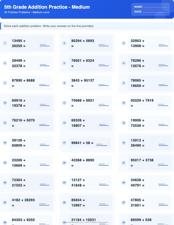 5th Grade Addition Worksheets - Standard Theme (Medium)