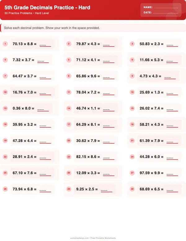 5th Grade Decimals Worksheets - Christmas Theme (Hard)