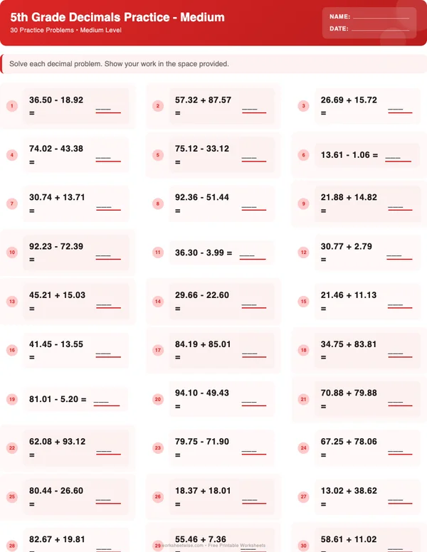 5th Grade Decimals Worksheets - Christmas Theme (Medium)