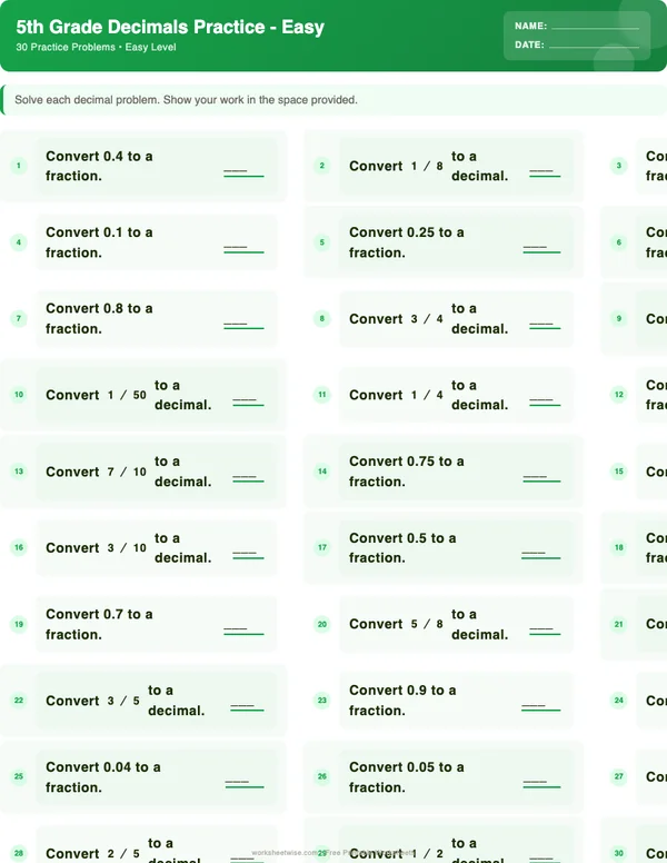 5th Grade Decimals Worksheets - Dinosaur Theme (Easy)