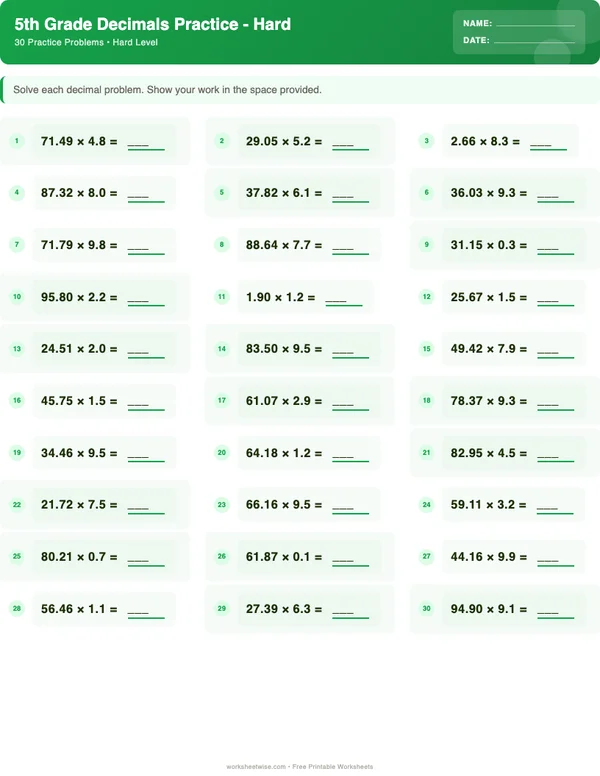 5th Grade Decimals Worksheets - Dinosaur Theme (Hard)