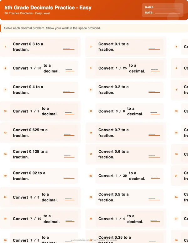 5th Grade Decimals Worksheets - Halloween Theme (Easy)