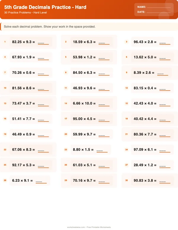 5th Grade Decimals Worksheets - Halloween Theme (Hard)