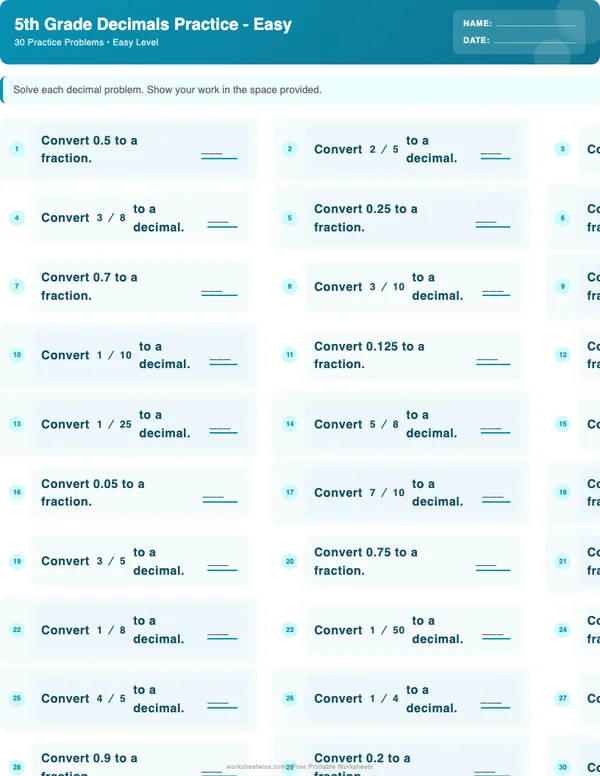5th Grade Decimals Worksheets - Ocean Theme (Easy)