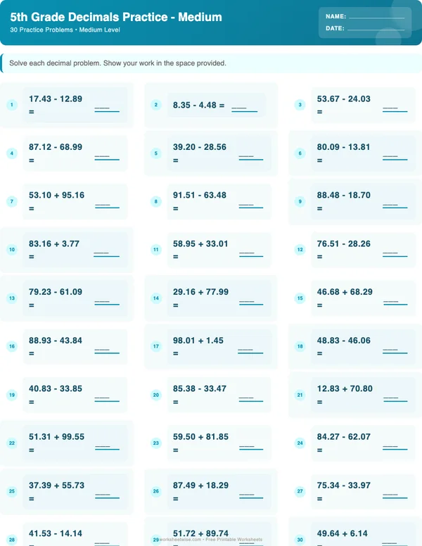 5th Grade Decimals Worksheets - Ocean Theme (Medium)