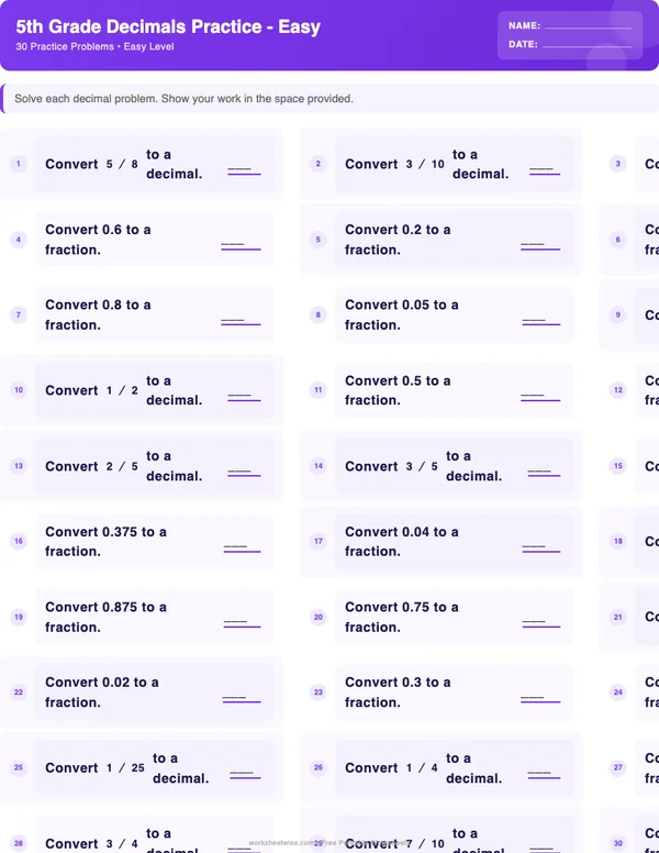 5th Grade Decimals Worksheets - Space Theme (Easy)